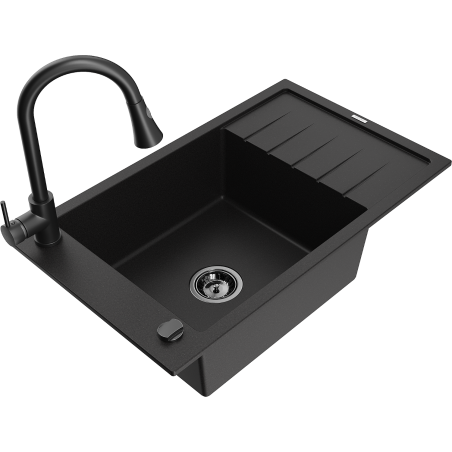 Mexen Elias 1-compartment granite sink with a drip tray and kitchen mixer tap Elia, Black - 6511-77-670101-70-B