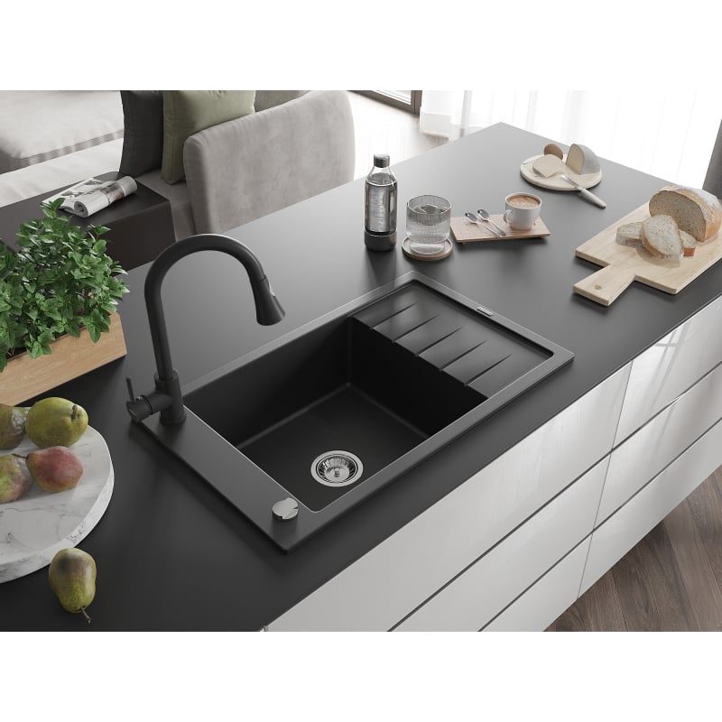 Mexen Elias granite kitchen sink with single bowl, drainer, and kitchen faucet Elia, black - 6511-77-670101-70
