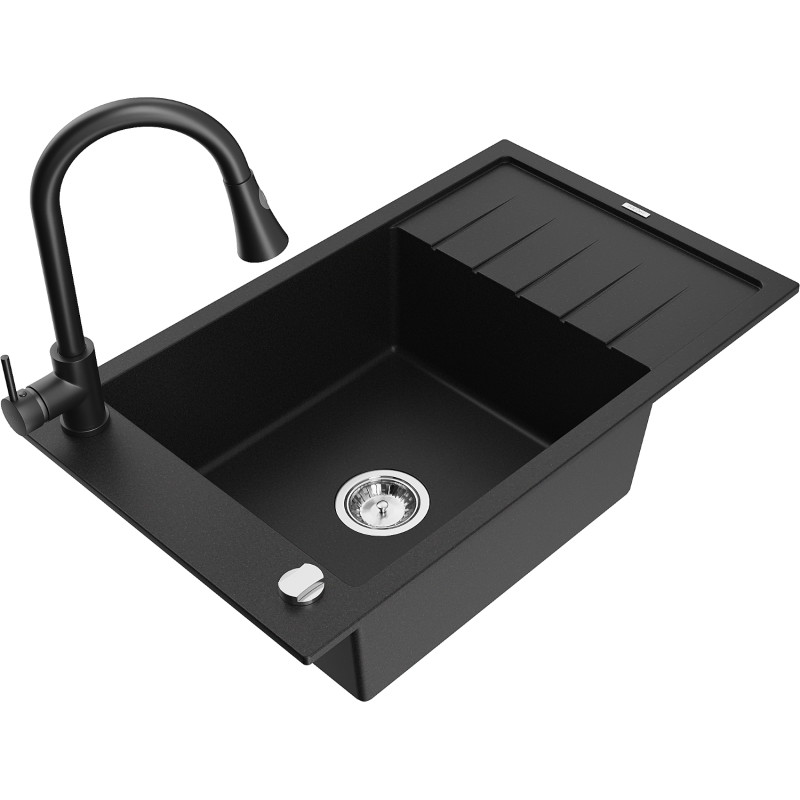 Mexen Elias 1-bowl granite sink with drainer and Elia kitchen faucet, black - 6511-77-670101-70