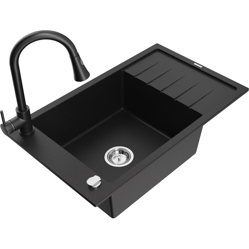 Mexen Elias 1-compartment granite sink with a drip tray and kitchen mixer tap Elia, Black - 6511-77-670101-70