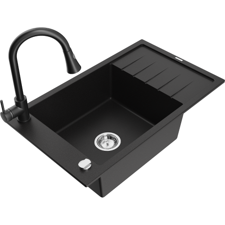 Mexen Elias 1-bowl granite kitchen sink with drainer and Elia kitchen tap, black - 6511-77-670101-70