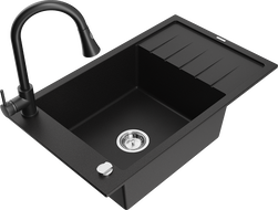 Mexen Elias granite kitchen sink with single bowl, drainer, and kitchen faucet Elia, black - 6511-77-670101-70
