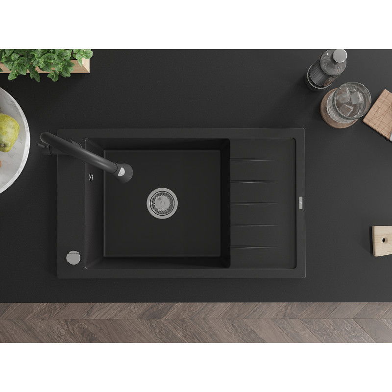 Mexen Elias 1-bowl granite kitchen sink with drainer and Elia kitchen tap, black - 6511-77-670101-70