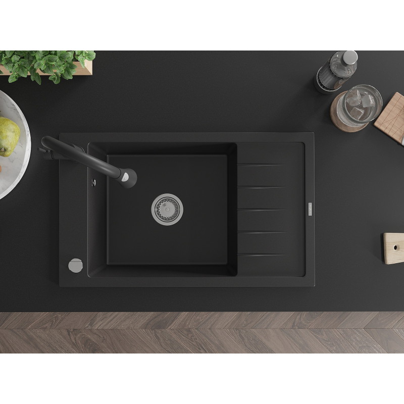 Mexen Elias granite kitchen sink with single bowl, drainer, and kitchen faucet Elia, black - 6511-77-670101-70
