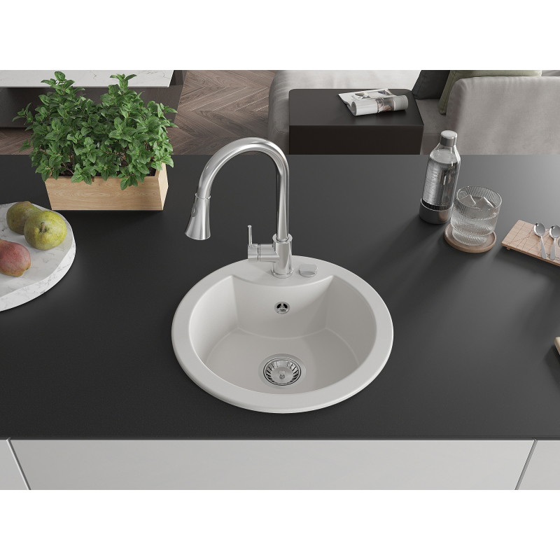 Mexen Diego single-bowl granite sink with Elia kitchen faucet, white - 6512-20-670101-00