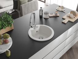 Mexen Diego 1-compartment granite sink with a kitchen mixer tap Elia, White - 6512-20-670101-00