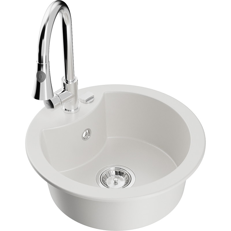 Mexen Diego granite kitchen sink 1-bowl with Elia kitchen faucet, white - 6512-20-670101-00