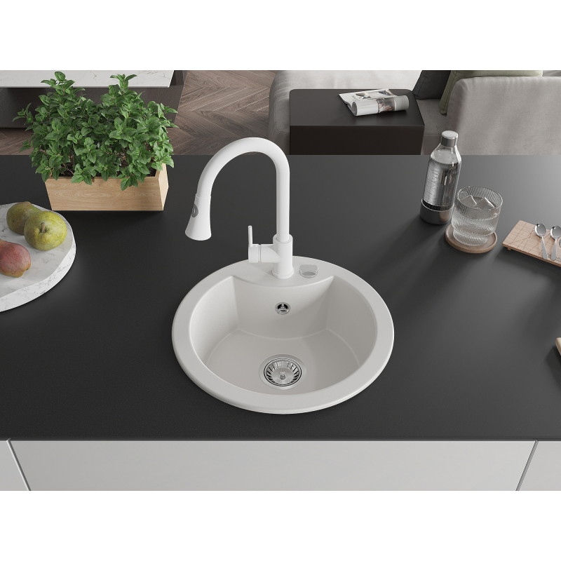 Mexen Diego granite kitchen sink 1-bowl with Elia kitchen faucet, white - 6512-20-670101-20