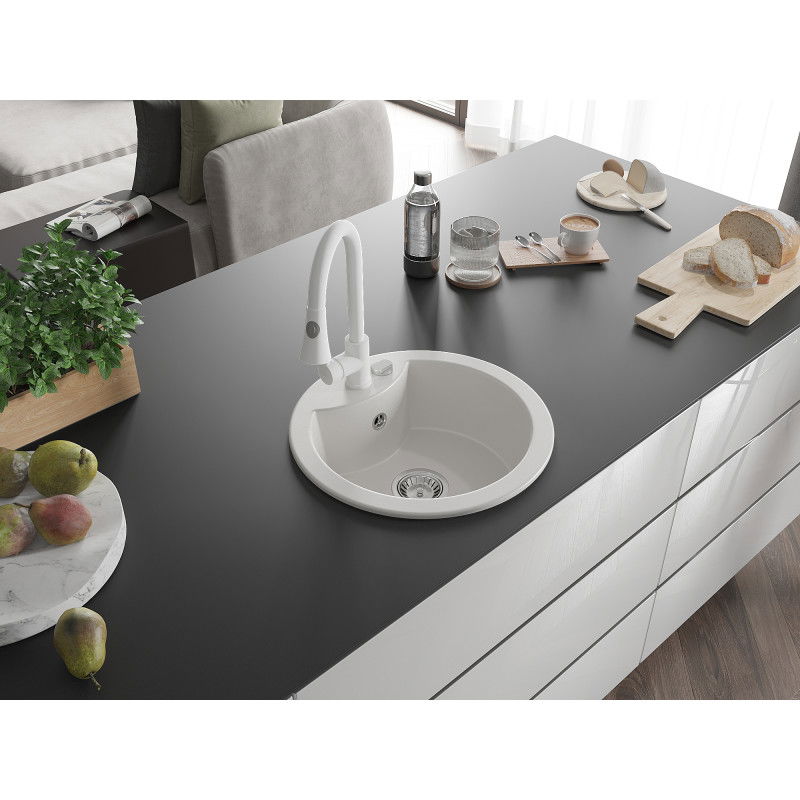 Mexen Diego Granite Sink 1-bowl with Elia Kitchen Tap, White - 6512-20-670101-20