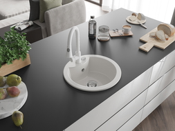 Mexen Diego 1-compartment granite sink with a kitchen mixer tap Elia, White - 6512-20-670101-20