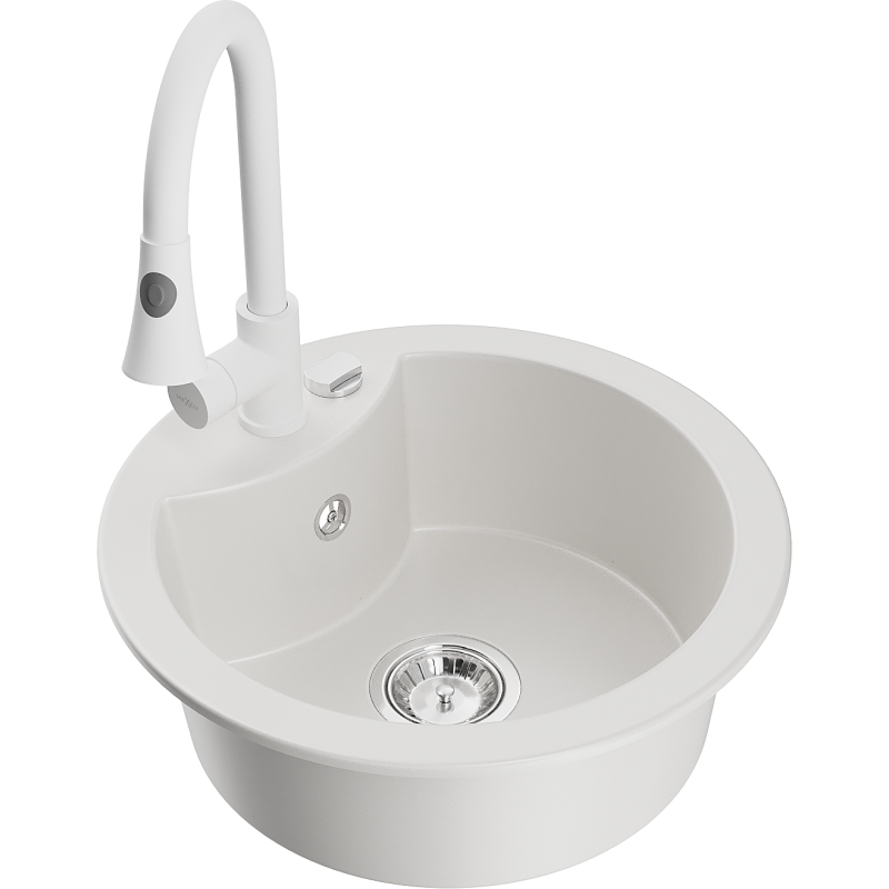 Mexen Diego 1-compartment granite sink with a kitchen mixer tap Elia, White - 6512-20-670101-20