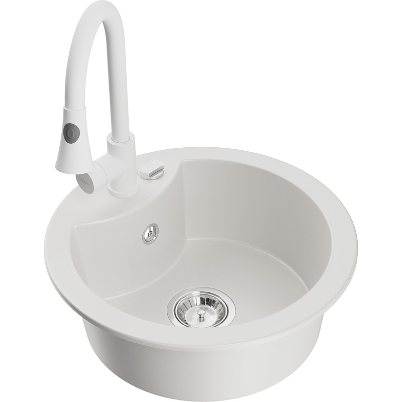 Mexen Diego granite kitchen sink single-bowl with Elia kitchen faucet, white - 6512-20-670101-20