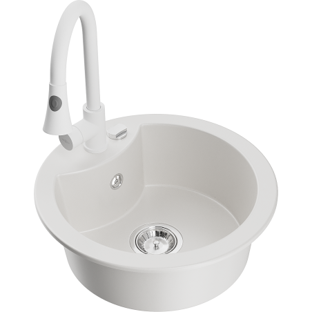 Mexen Diego granite kitchen sink 1-bowl with Elia kitchen faucet, white - 6512-20-670101-20