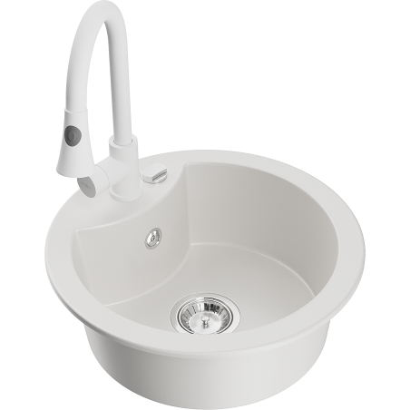 Mexen Diego Granite Sink 1-bowl with Elia Kitchen Tap, White - 6512-20-670101-20