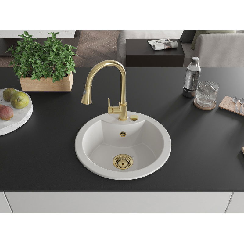 Mexen Diego 1-bowl granite sink with Elia kitchen tap, white - 6512-20-670101-50