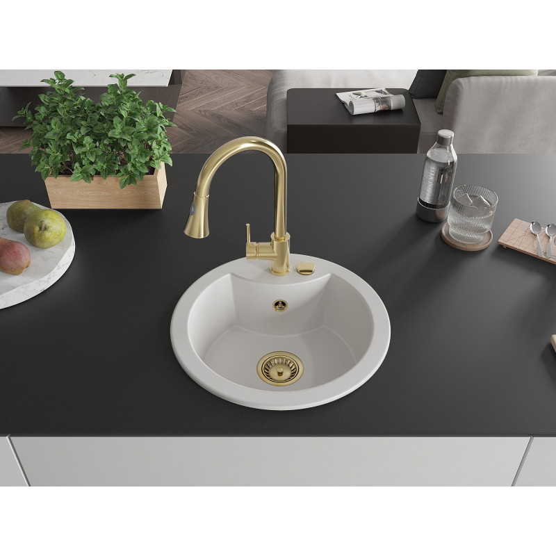 Mexen Diego granite kitchen sink 1-bowl with Elia kitchen faucet, white - 6512-20-670101-50