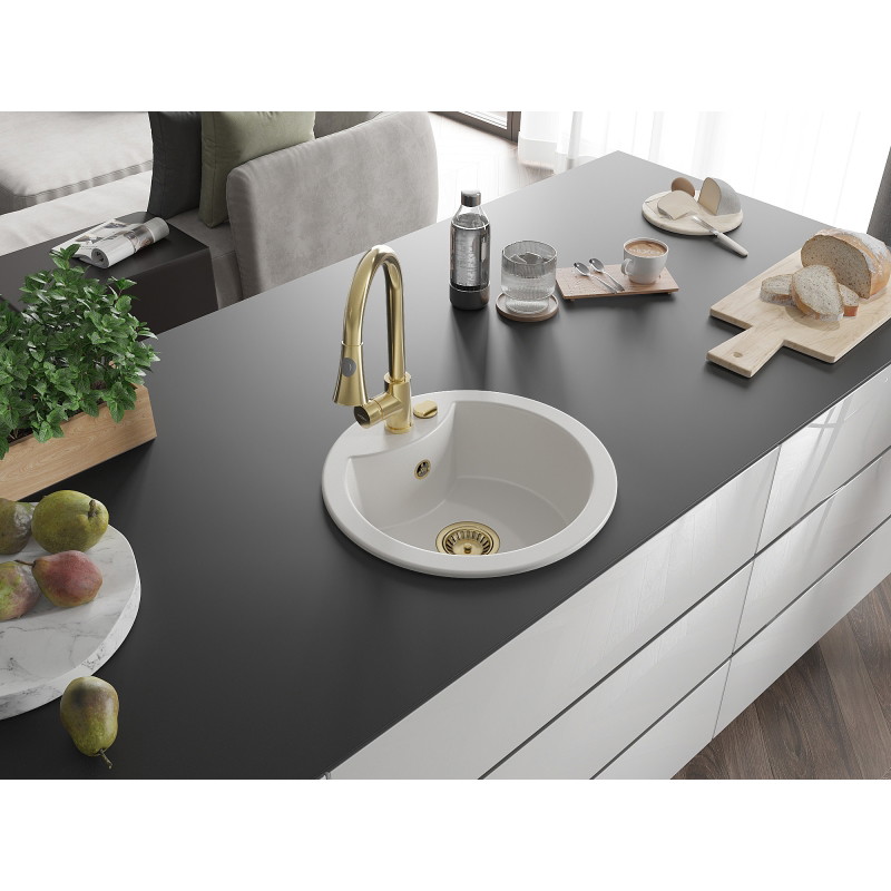 Mexen Diego granite kitchen sink 1-bowl with Elia kitchen faucet, white - 6512-20-670101-50