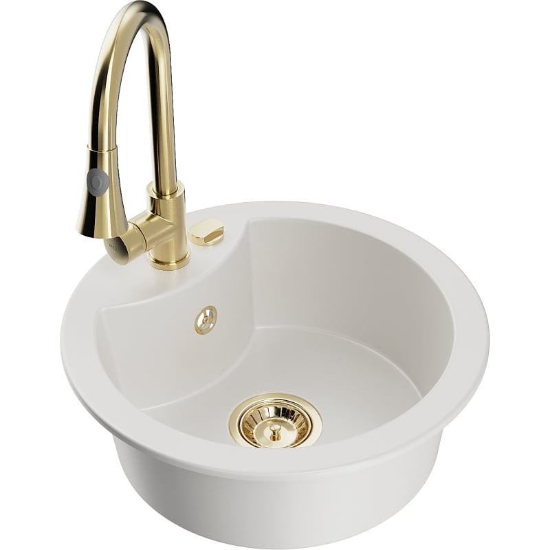 Mexen Diego granite kitchen sink 1-bowl with Elia kitchen faucet, white - 6512-20-670101-50
