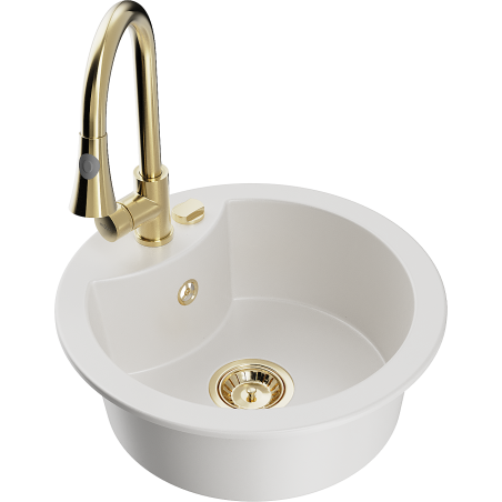 Mexen Diego 1-compartment granite sink with a kitchen mixer tap Elia, White - 6512-20-670101-50