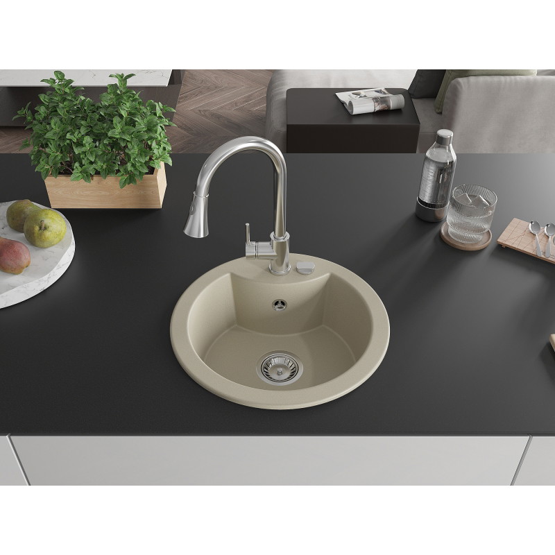 Mexen Diego 1-bowl granite sink with Elia kitchen faucet, beige - 6512-69-670101-00