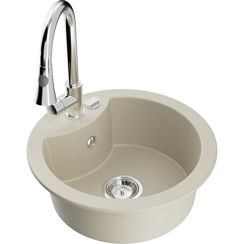 Mexen Diego 1-bowl granite sink with Elia kitchen faucet, beige - 6512-69-670101-00