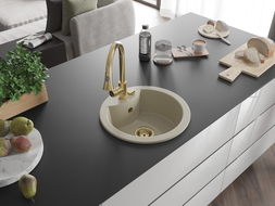 Mexen Diego 1-bowl granite sink with Elia kitchen faucet, beige - 6512-69-670101-50