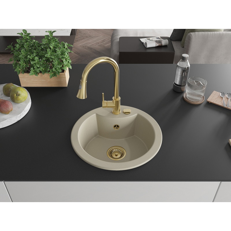 Mexen Diego granite kitchen sink 1-bowl with Elia kitchen faucet, beige - 6512-69-670101-50