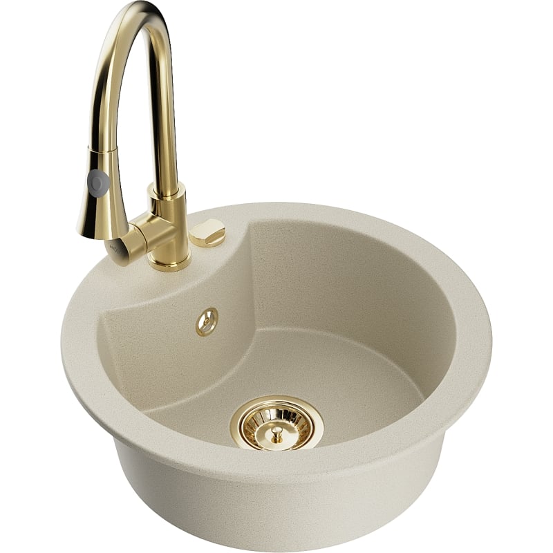 Mexen Diego 1-bowl granite sink with Elia kitchen faucet, beige - 6512-69-670101-50