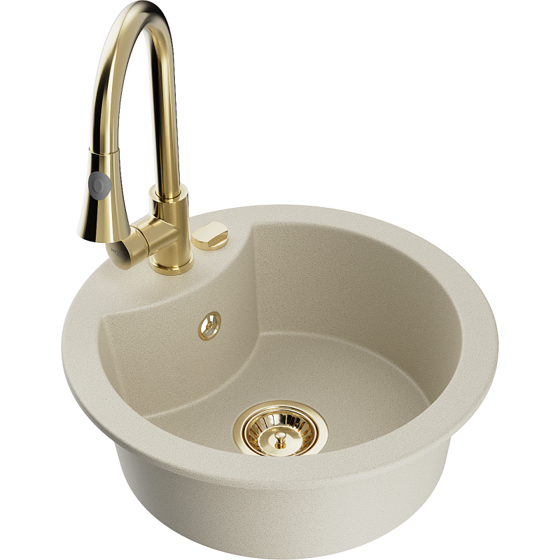 Mexen Diego 1-bowl granite sink with Elia kitchen tap, beige - 6512-69-670101-50
