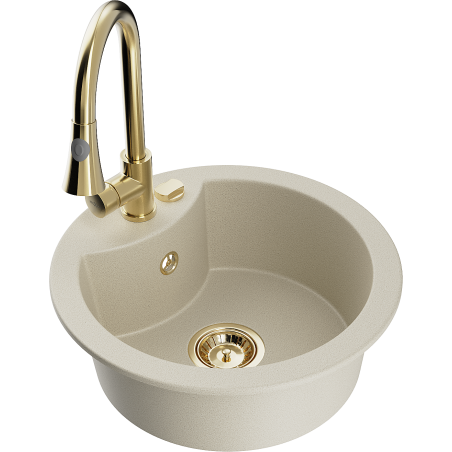 Mexen Diego granite kitchen sink 1-bowl with Elia kitchen faucet, beige - 6512-69-670101-50