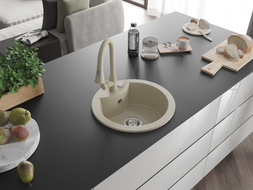 Mexen Diego 1-bowl granite sink with Elia kitchen faucet, beige - 6512-69-670101-69