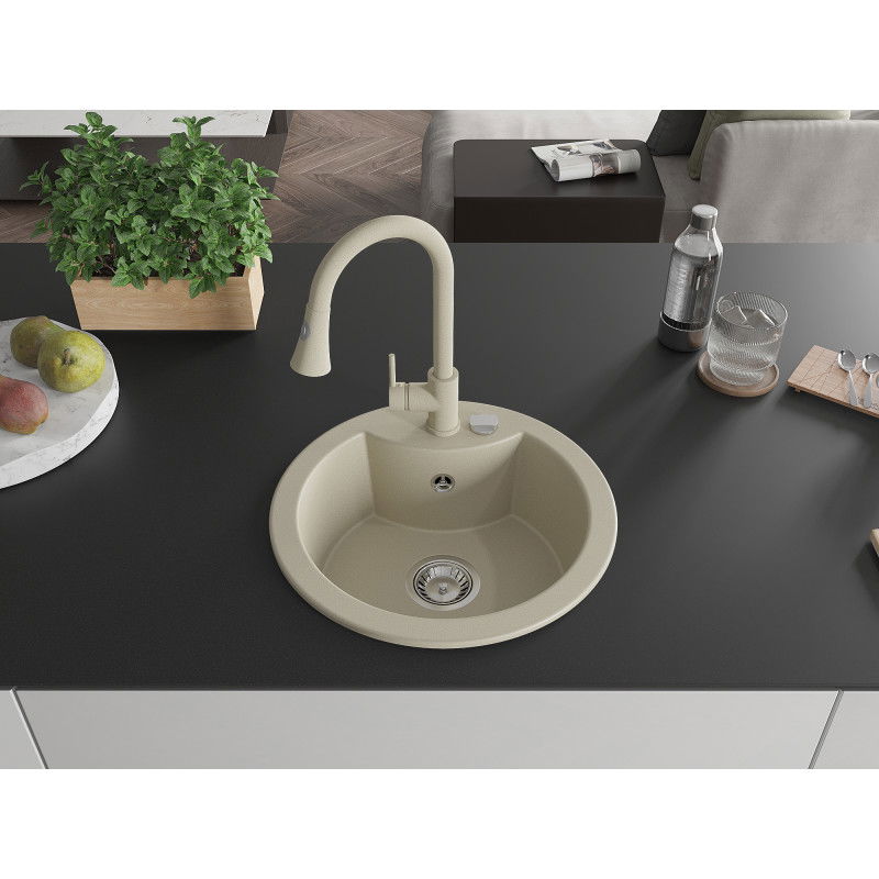 Mexen Diego 1-bowl granite sink with Elia kitchen tap, beige - 6512-69-670101-69
