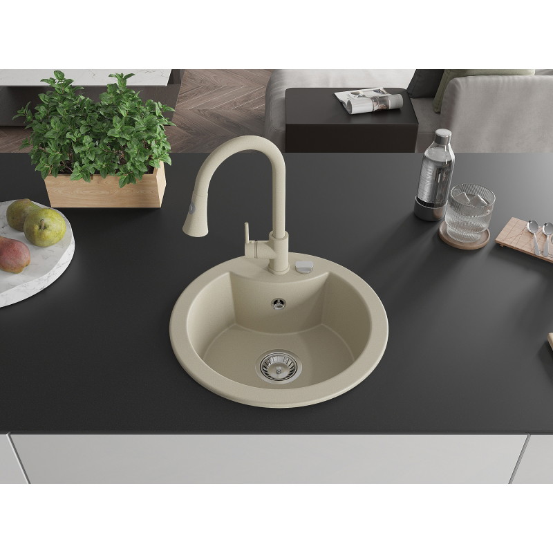 Mexen Diego granite kitchen sink 1-bowl with Elia kitchen faucet, beige - 6512-69-670101-69