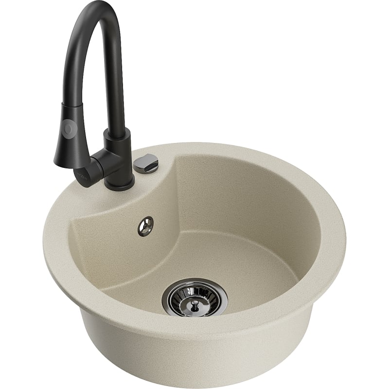 Mexen Diego granite kitchen sink 1-bowl with Elia kitchen faucet, beige - 6512-69-670101-70