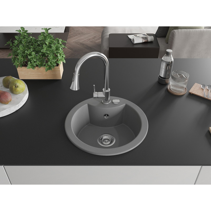 Mexen Diego 1-bowl granite kitchen sink with Elia kitchen faucet, gray - 6512-71-670101-00