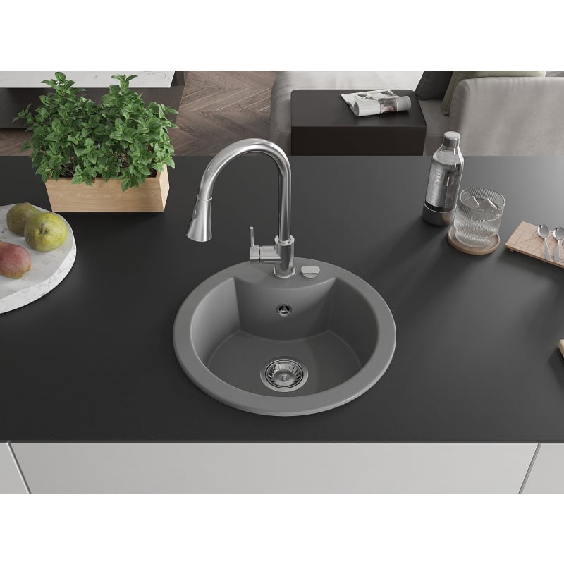 Mexen Diego 1-bowl granite sink with Elia kitchen faucet, gray - 6512-71-670101-00