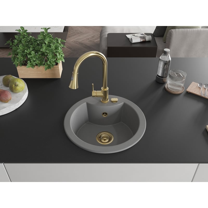 Mexen Diego 1-bowl granite sink with Elia kitchen faucet, gray - 6512-71-670101-50
