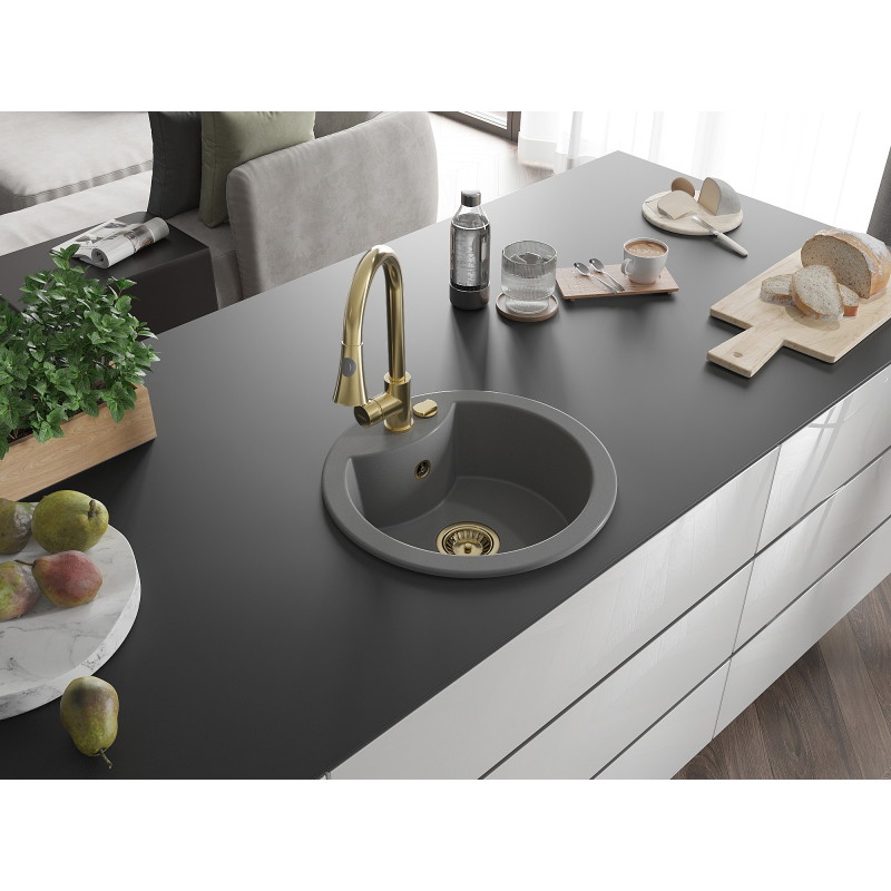 Mexen Diego 1-bowl granite sink with Elia kitchen faucet, gray - 6512-71-670101-50