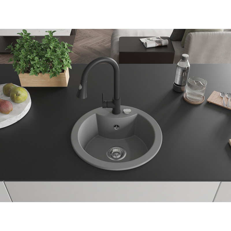 Mexen Diego 1-bowl granite sink with Elia kitchen faucet, gray - 6512-71-670101-70