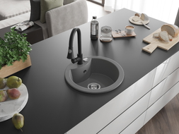 Mexen Diego single-bowl granite sink with Elia kitchen faucet, gray - 6512-71-670101-70