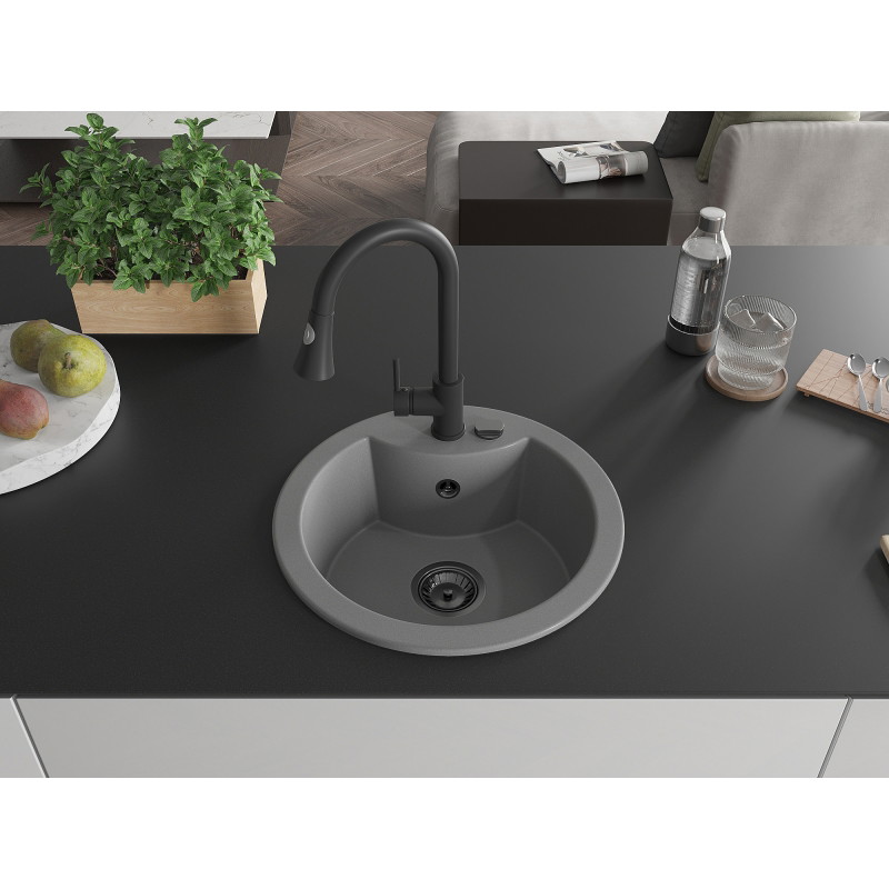 Mexen Diego granit sink single-bowl with Elia kitchen faucet, gray - 6512-71-670101-70-B