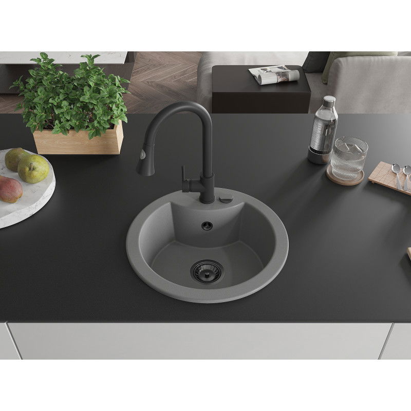 Mexen Diego single-bowl granite sink with Elia kitchen tap, grey - 6512-71-670101-70-B