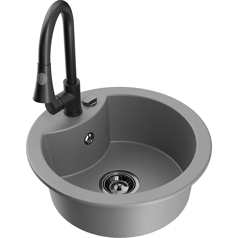 Mexen Diego granit sink single-bowl with Elia kitchen faucet, gray - 6512-71-670101-70-B
