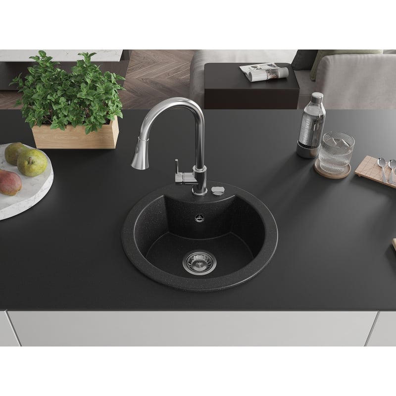 Mexen Diego granite kitchen sink 1-bowl with Elia kitchen faucet, black/silver metallic - 6512-73-670101-00