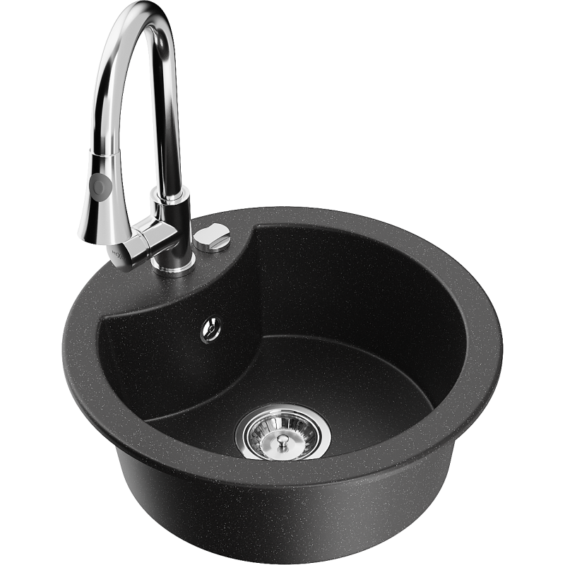 Mexen Diego 1-bowl granite sink with Elia kitchen tap, black/silver metallic - 6512-73-670101-00