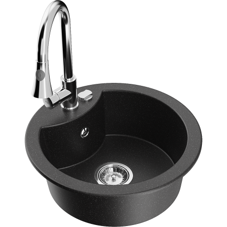 Mexen Diego granite 1-bowl kitchen sink with Elia kitchen faucet, black/silver metallic - 6512-73-670101-00
