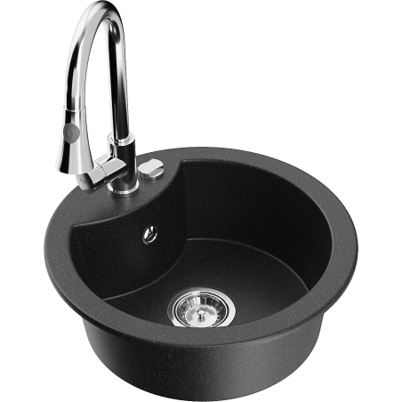 Mexen Diego granite kitchen sink 1-bowl with Elia kitchen faucet, black/silver metallic - 6512-73-670101-00