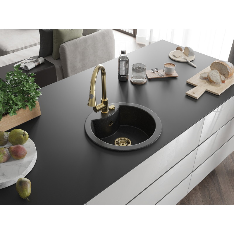 Mexen Diego 1-bowl granite sink with Elia kitchen faucet, black/silver metallic - 6512-73-670101-50