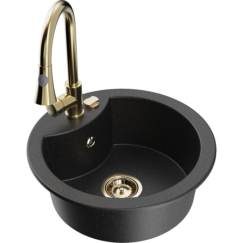 Mexen Diego 1-bowl granite sink with Elia kitchen faucet, black/silver metallic - 6512-73-670101-50