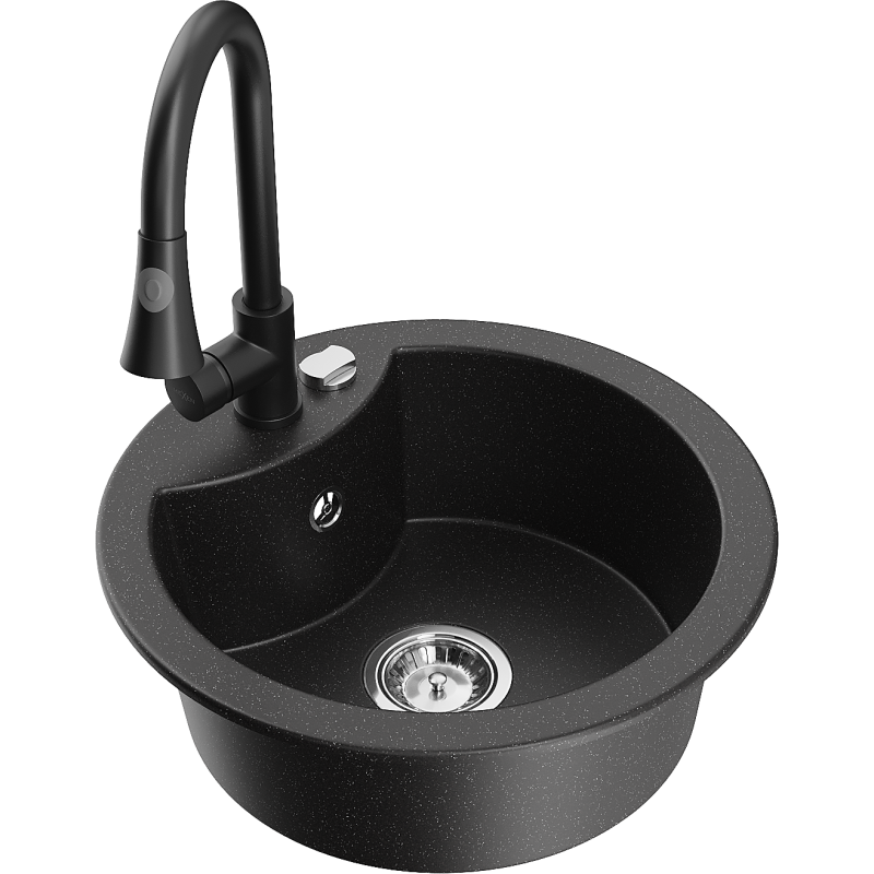 Mexen Diego 1-bowl granite sink with Elia kitchen tap, black/silver metallic - 6512-73-670101-70